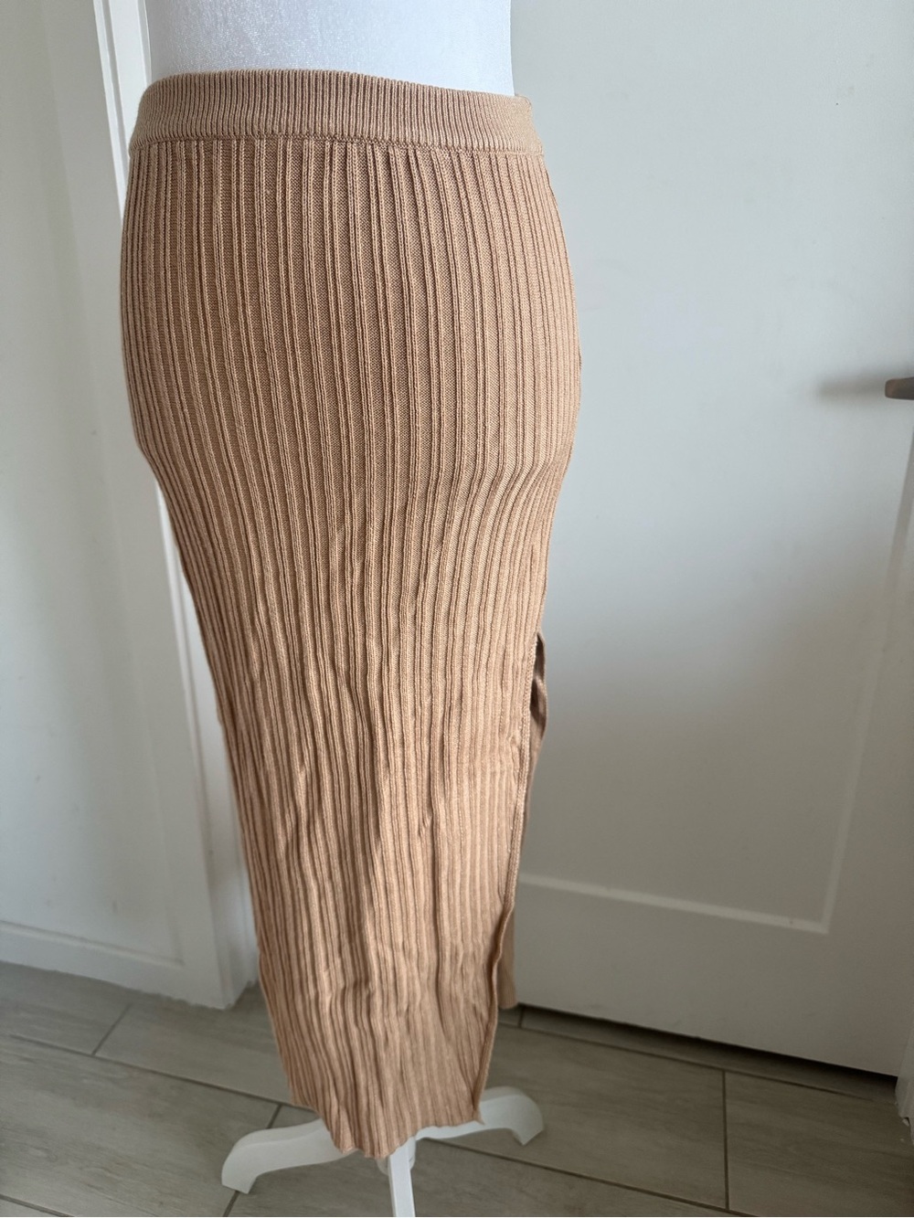 Camila Coelho Ribbed Midi Skirt in Camel Brown